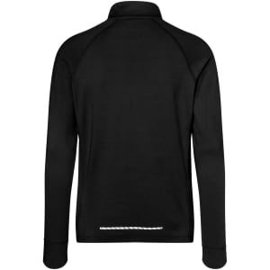 A black men's sports shirt with a half-zip design and a subtle logo on the back.