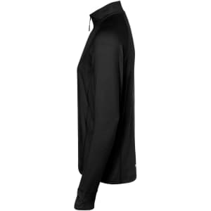 A black men's sports shirt with a half zip and long sleeves, featuring a logo on the fabric.