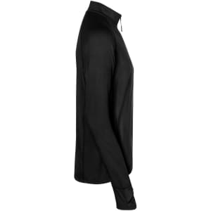 A black half-zip men's sports shirt with long sleeves, featuring a logo on the chest.