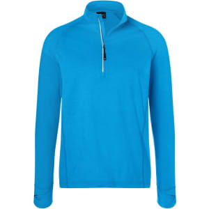 A bright blue men's sports shirt featuring a half-zip design and long sleeves. It includes a logo on the chest area.