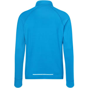 A blue men's sports shirt with a half zip and long sleeves, featuring a logo on the back.