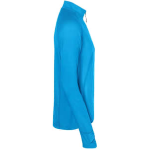 A blue men's sports shirt with a half zip and long sleeves, featuring a logo on the chest.