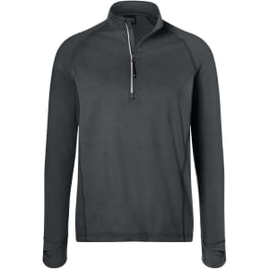 A men's half-zip sports shirt in a dark grey colour, featuring long sleeves and a zippered neck. It includes a logo.