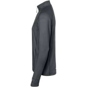 A men's half-zip sports shirt in dark grey, featuring long sleeves and a collar, with a logo present.