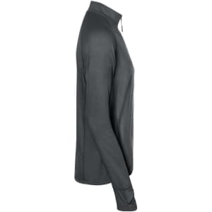 A grey men's sports shirt with a half-zip design and long sleeves, featuring a logo on the side.