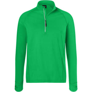 A green half-zip sports shirt for men with long sleeves and a collar, featuring a logo.