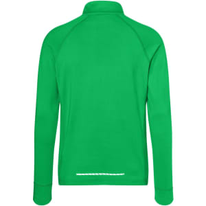 A green men's sports shirt with a half-zip design and a logo on the back.