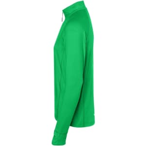 A green men's sports shirt with a half-zip design and long sleeves. It features a logo on the chest.