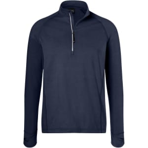 A navy blue men's sports shirt featuring a half-zip design and long sleeves. It includes a logo on the chest.