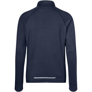 A navy blue men's sports shirt with a half zip and a logo on the back.