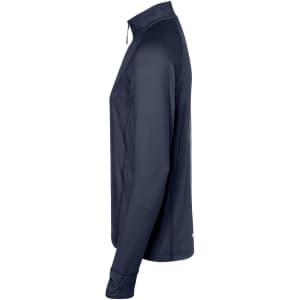 A navy half-zip sports shirt with long sleeves and a sleek design. Features a logo on the fabric.