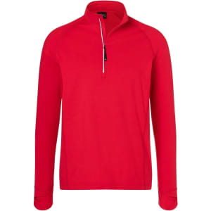 A red half-zip sports shirt with long sleeves, featuring a zipper at the collar and a logo.