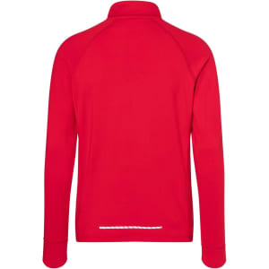A red half-zip men's sports shirt featuring long sleeves and a subtle logo on the back.