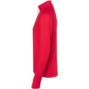 A red men's sports shirt with a half-zip design and long sleeves. The shirt features a logo.