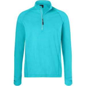 A turquoise half-zip sports shirt with long sleeves and a zippered collar. Features a logo on the chest.