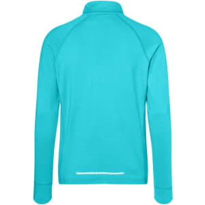 A turquoise men's sports shirt with a half-zip collar and long sleeves, featuring a logo on the back.