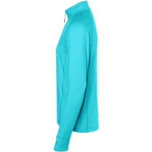 A turquoise men's sports shirt with a half-zip collar and long sleeves. Features a logo on the chest.