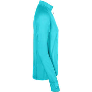 A half-zip men's sports shirt in vibrant teal, featuring long sleeves and a fitted design.