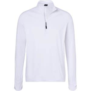 A white half-zip men's sports shirt with long sleeves and a zipper at the collar, featuring a small logo.