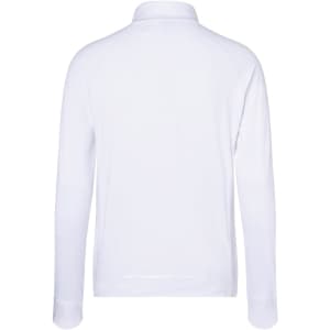 A white men's sports shirt with a half-zip and long sleeves, featuring a collar and a logo.