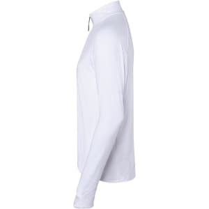 A white half-zip sports shirt with long sleeves, featuring a logo on the side.