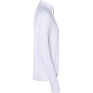 A white men's sports shirt with a half zip and long sleeves, featuring a logo on it.