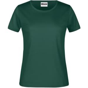 A green women's T-shirt featuring a round neck and short sleeves, with a logo on the label.