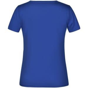 A blue T-shirt with a short sleeve and a simple design. The back view is displayed. It features a branding logo.