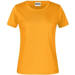 A yellow women's T-shirt featuring a crew neck and short sleeves, with a logo on the label.