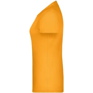 A yellow T-shirt with short sleeves and a fitted silhouette. It features a logo on the front.