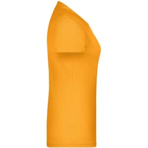 A side view of an orange T-shirt with short sleeves. The shirt has a logo on it.