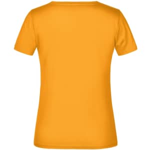 A bright yellow women's t-shirt featuring a round neck and short sleeves. The back is plain with a branding logo.