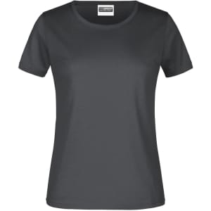 A dark grey women's T-shirt with short sleeves and a round neckline. It has a small logo on the label.
