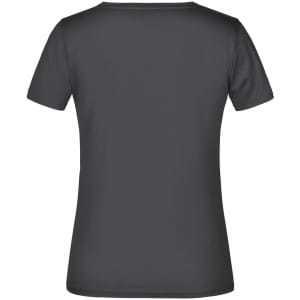 A dark grey women's t-shirt with a round neck and short sleeves, featuring a logo on the back.