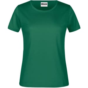A green women's t-shirt with short sleeves and a round neckline, featuring a logo.