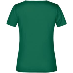 A green women's t-shirt with short sleeves and a plain back, featuring a logo.