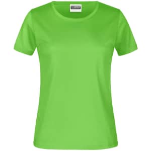 A bright green T-shirt featuring a round neckline and short sleeves, with a logo on the label.