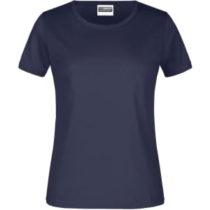 A navy blue women's t-shirt with a crew neckline and short sleeves, featuring a branding label.