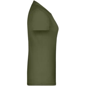 An olive green women's T-shirt with a fitted style and short sleeves, featuring a logo.