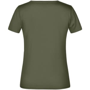 A green women's t-shirt with short sleeves, featuring a simple design and a logo on the back.