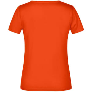 An orange women's T-shirt with a short sleeve design and a plain back. It features a branding logo.