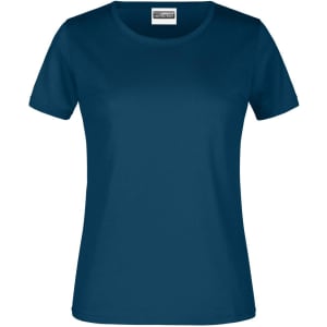 A women's navy blue short-sleeve T-shirt with a rounded neckline and a logo.