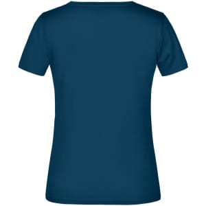 A navy blue women's T-shirt with short sleeves and a plain back, featuring a logo.