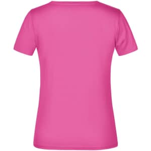 A pink T-shirt with short sleeves and a fitted cut, featuring a branding logo.
