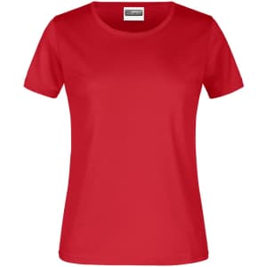 A red short-sleeved women's T-shirt featuring a plain design and a tag inside the collar.