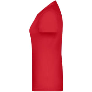 A red T-shirt in a side view, featuring short sleeves and a fitted design. It has a logo on the front.