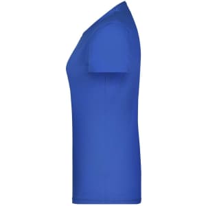 A blue women's T-shirt with short sleeves, featuring a fitting silhouette and a logo.
