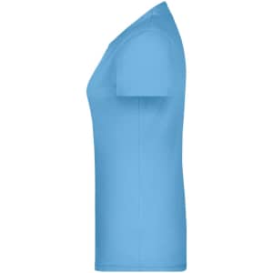 A light blue women's T-shirt featuring a crew neck and short sleeves, presented in a side view. It has a logo on the label.