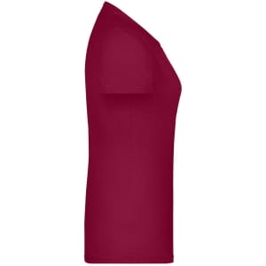 A red women's T-shirt with a fitted design, featuring short sleeves and a side view. It has a logo.