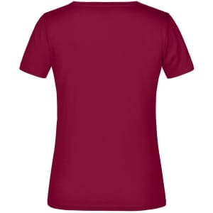 A maroon T-shirt with a classic crew neck and short sleeves, featuring a branding logo on the back.